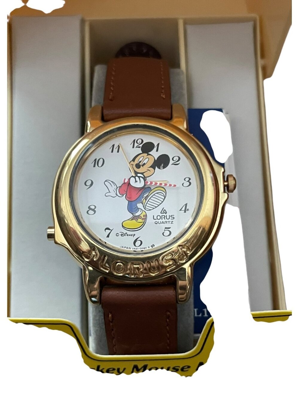 Vintage Lorus Quartz Mickey Mouse Melody Watch Gold Tone Brown Leather Boxed